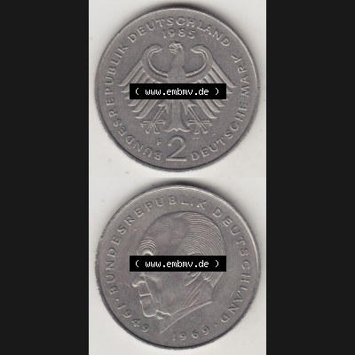 BRD Münzen 2 DM, Gedenkmünze 1969-1987, 2 DM, Deutsche Mark Konrad Adenauer 1985 F-1. Vorderseite und Rückseite einer Münze auf einen Bild / Foto,... Sammlung
