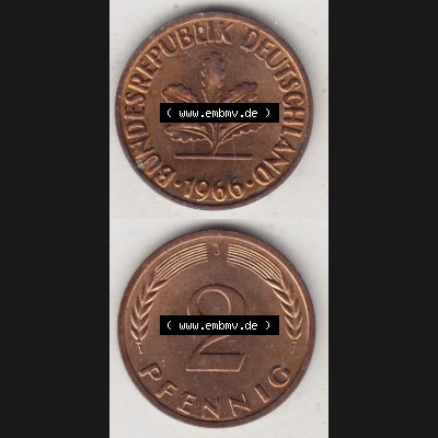 BRD Münze aus Deutschland 1950-2001, 2 Pfennig 1966 J (4) Sammlung