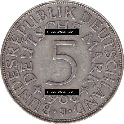BRD Münzen Silbermünze 1951-1974, 5 DM aus Deutschland, 5 Deutsche Mark Silberadler, Heiermann 1960 Münzzeichen / Mzz. "J" für Hamburg-1.... Sammlung
