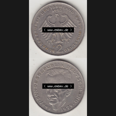 BRD Münzen 2 DM, Gedenkmünze 1979-1993, 2 DM, Deutsche Mark Kurt Schumacher 1983 D-1. Vorderseite und Rückseite einer Münze auf einen Bild / Foto,... Sammlung