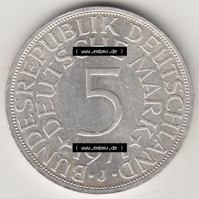 BRD Münzen Silbermünze 1951-1974, 5 DM, 5 Deutsche Mark Silberadler, Heiermann 1971 Münzzeichen / Mzz. "J" für Hamburg - 1. Rückseite... Sammlung