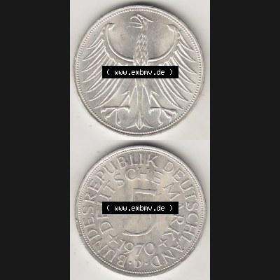 BRD Münzen Silbermünze 1951-1974, 5 DM, 5 Deutsche Mark Silberadler, Heiermann 1970 Münzzeichen / Mzz. "D" für München - 1. Vorderseite... Sammlung
