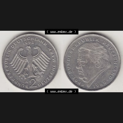 BRD Münzen 2 DM, Gedenkmünze 1991-2001, 2 DM, Deutsche Mark Franz Josef Strauß 1995 A-1. VS-RS auf einen Bild / Foto einer 2 DM, 2 Deutsche Mark A Gedenkmünze,... Sammlung