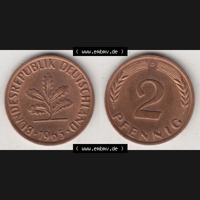 BRD Münze aus Deutschland 1950-2001, 2 Pfennig 1965 D (3) Sammlung