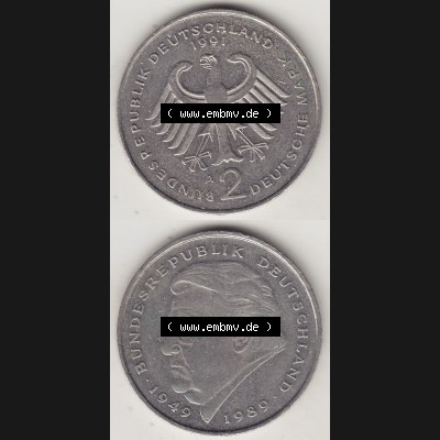 BRD Münzen 2 DM, Gedenkmünze 1991-2001, 2 DM, Deutsche Mark Franz Josef Strauß 1991 A-1. Vorderseite und Rückseite einer Münze auf einen Bild / Foto,... Sammlung