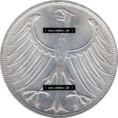BRD Münzen Silbermünze 1951-1974, 5 DM aus Deutschland, 5 Deutsche Mark Silberadler, Heiermann 1974 Münzzeichen / Mzz. "J" für Hamburg-1.... Sammlung