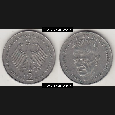 BRD Münzen 2 DM, Gedenkmünze 1979-1993, 2 DM, Deutsche Mark Kurt Schumacher 1985 J-1. VS-RS auf einen Bild / Foto einer 2 DM, 2 Deutsche Mark D Gedenkmünze,... Sammlung