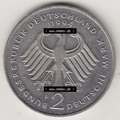 BRD Münzen 2 DM, Gedenkmünze 1990-2001, 2 DM, Deutsche Mark Franz Josef Strauß 1994 F-1. Vorderseite einer 2 DM, 2 Deutsche Mark F Gedenkmünze,... Sammlung