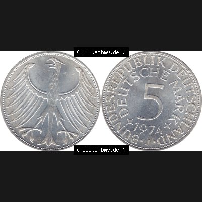BRD Münzen Silbermünze 1951-1974, 5 DM aus Deutschland, 5 Deutsche Mark Silberadler, Heiermann 1974 Münzzeichen / Mzz. "J" für Hamburg-1.... Sammlung