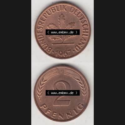 BRD Münze aus Deutschland 1950-2001, 2 Pfennig 1967 F (4) Sammlung