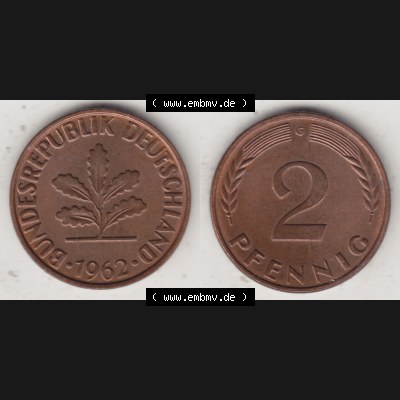 BRD Münze aus Deutschland 1950-2001, 2 Pfennig 1962 G (3) Sammlung