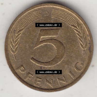 BRD Münzen 5 Pf., Umlaufmünze 1950-2001, 5 Pfennig, 1972 D-1. Rückseite einer 5 Pfennig D, Mzz. D für München - Münze aus Deutschland... Sammlung