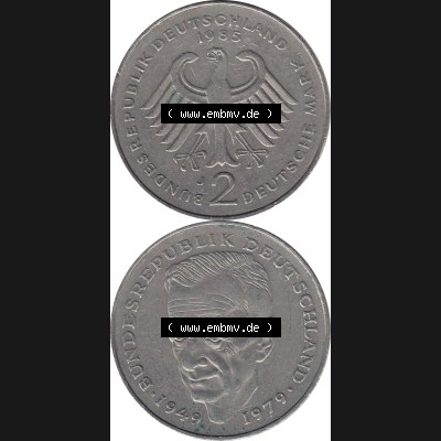 BRD Münzen 2 DM, Gedenkmünze 1979-1993, 2 DM, Deutsche Mark Kurt Schumacher 1985 J-1. Vorderseite und Rückseite mit Wert-Zahl eine 2 DM - Zwei Deutsche Mark Münze... Sammlung