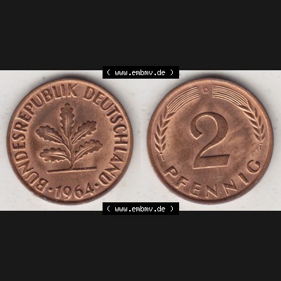 BRD Münze aus Deutschland 1950-2001, 2 Pfennig 1964 D (3) Sammlung