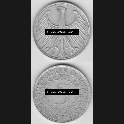 BRD Münzen Silbermünze 1951-1974, 5 DM, 5 Deutsche Mark Silberadler, Heiermann 1957 Münzzeichen / Mzz. "F" für Stuttgart - 1. Vorderseite... Sammlung