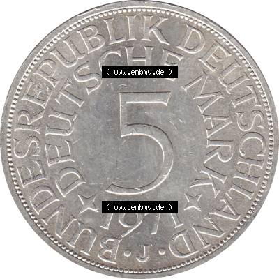 BRD Münzen Silbermünze 1951-1974, 5 DM aus Deutschland, 5 Deutsche Mark Silberadler, Heiermann 1971 Münzzeichen / Mzz. "J" für Hamburg-1.... Sammlung