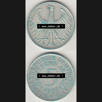 BRD Münzen Silbermünze 1951-1974, 5 DM, 5 Deutsche Mark Silberadler, Heiermann 1957 Münzzeichen / Mzz. "F" für Stuttgart - 2. Vorderseite... Sammlung