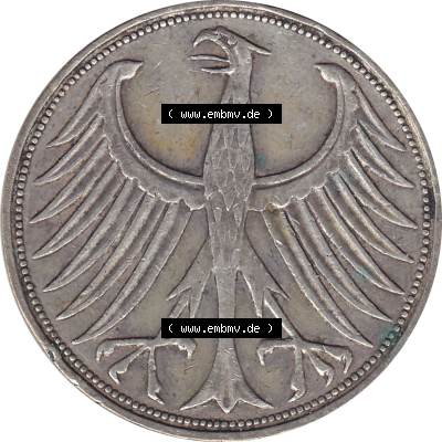 BRD Münzen Silbermünze 1951-1974, 5 DM aus Deutschland, 5 Deutsche Mark Silberadler, Heiermann 1960 Münzzeichen / Mzz. "J" für Hamburg-1.... Sammlung
