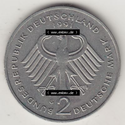BRD Münzen 2 DM, Gedenkmünze 1979-1993, 2 DM, Deutsche Mark Kurt Schumacher 1991 G-1. Vorderseite einer 2 DM, 2 Deutsche Mark G Gedenkmünze, Mzz.... Sammlung