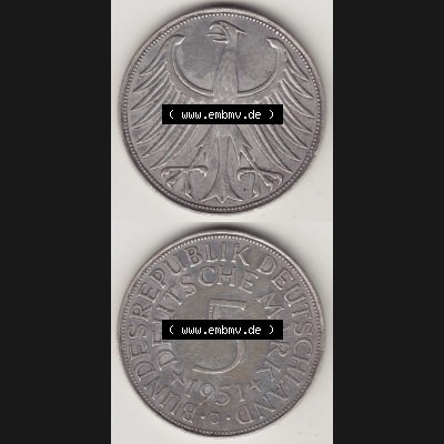 BRD Münzen Silbermünze 1951-1974, 5 DM, 5 Deutsche Mark Silberadler, Heiermann 1951 J-1. Vorderseite und Rückseite vom 5 DM Silberadler auf einen Bild/Foto für... Sammlung