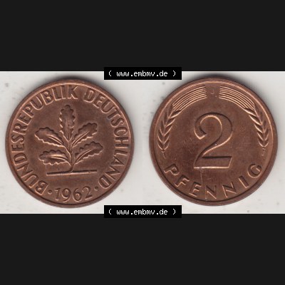 BRD Münze aus Deutschland 1950-2001, 2 Pfennig 1962 J (3) Sammlung