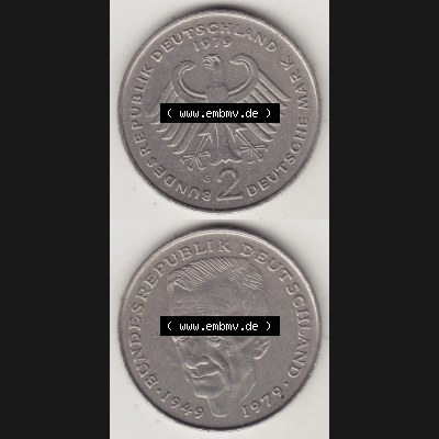 BRD Münzen 2 DM, Gedenkmünze 1979-1993, 2 DM, Deutsche Mark Kurt Schumacher 1979 G-1. Vorderseite und Rückseite einer Münze auf einen Bild / Foto,... Sammlung