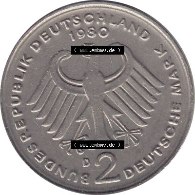 BRD Münzen 2 DM, Gedenkmünze 1979-1993, 2 DM, Deutsche Mark Kurt Schumacher 1980 D-1. Gutes Bild / Foto / Münzenbild der Vorderseite einer 2 DM, 2... Sammlung