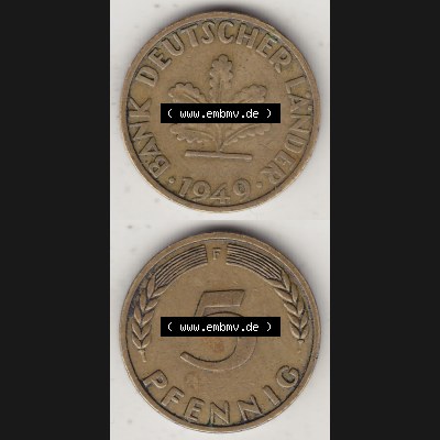 BRD Münzen 5 Pf., Umlaufmünze 1949-1949, 5 Pfennig, 1949 F-1. Vorderseite und Rückseite vertikal untereinander zusammen auf einen Bild / Foto für... Sammlung