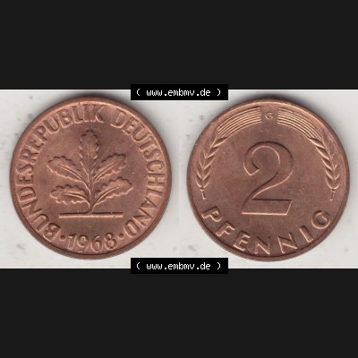 BRD Münze aus Deutschland 1950-2001, 2 Pfennig 1968 G (3) Sammlung