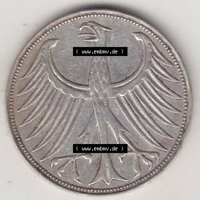BRD Münzen Silbermünze 1951-1974, 5 DM, 5 Deutsche Mark Silberadler, Heiermann 1956 F-1. Vorderseite einer Silbermünze 5 DM, 5 Deutsche Mark in Silber - Münze... Sammlung