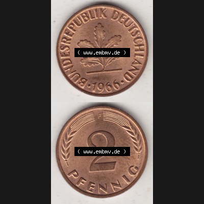 BRD Münze aus Deutschland 1950-2001, 2 Pfennig 1966 F (4) Sammlung