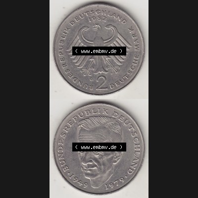 BRD Münzen 2 DM, Gedenkmünze 1979-1993, 2 DM, Deutsche Mark Kurt Schumacher 1982 G-1. Vorderseite und Rückseite einer Münze auf einen Bild / Foto,... Sammlung