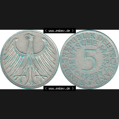 BRD Münzen Silbermünze 1951-1974, 5 DM aus Deutschland, 5 Deutsche Mark Silberadler, Heiermann 1957 F-2. Vorderseite und Rückseite mit Wert-Zahl von 5 DM horizontal... Sammlung