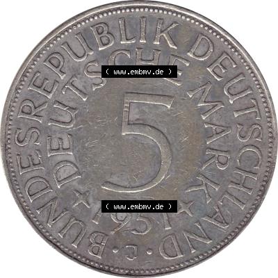 BRD Münzen Silbermünze 1951-1974, 5 DM aus Deutschland, 5 Deutsche Mark Silberadler, Heiermann 1951 Münzzeichen / Mzz. "J" für Hamburg-1.... Sammlung