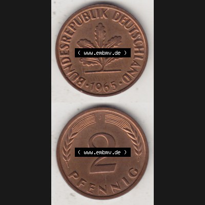 BRD Münze aus Deutschland 1950-2001, 2 Pfennig 1965 J (4) Sammlung