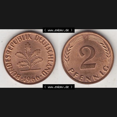 BRD Münze aus Deutschland 1950-2001, 2 Pfennig 1966 F (3) Sammlung