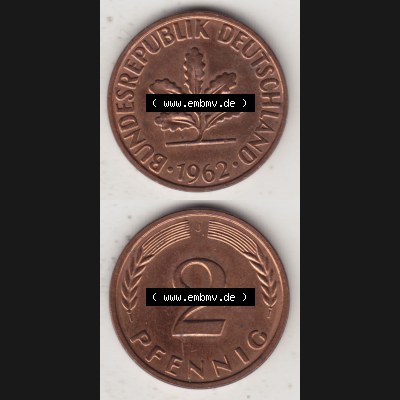 BRD Münze aus Deutschland 1950-2001, 2 Pfennig 1962 J (4) Sammlung