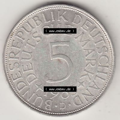 BRD Münzen Silbermünze 1951-1974, 5 DM, 5 Deutsche Mark Silberadler, Heiermann 1963 Münzzeichen / Mzz. "D" für München - 1. Rückseite... Sammlung