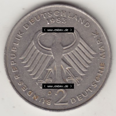 BRD Münzen 2 DM, Gedenkmünze 1979-1993, 2 DM, Deutsche Mark Kurt Schumacher 1983 D-1. Vorderseite einer 2 DM, 2 Deutsche Mark D Gedenkmünze, Mzz.... Sammlung