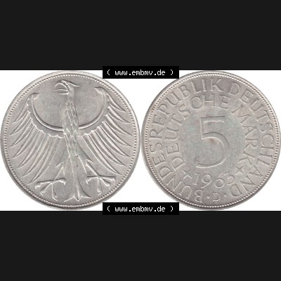 BRD Münzen Silbermünze 1951-1974, 5 DM aus Deutschland, 5 Deutsche Mark Silberadler, Heiermann 1963 Münzzeichen / Mzz. "D" für München-1.... Sammlung