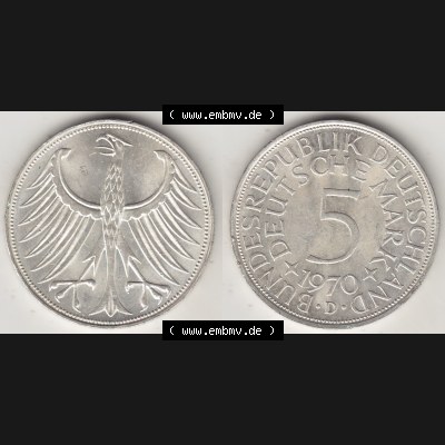 BRD Münzen Silbermünze 1951-1974, 5 DM, 5 Deutsche Mark Silberadler, Heiermann 1970 Münzzeichen / Mzz. "D" für München - 1. Vorderseite... Sammlung