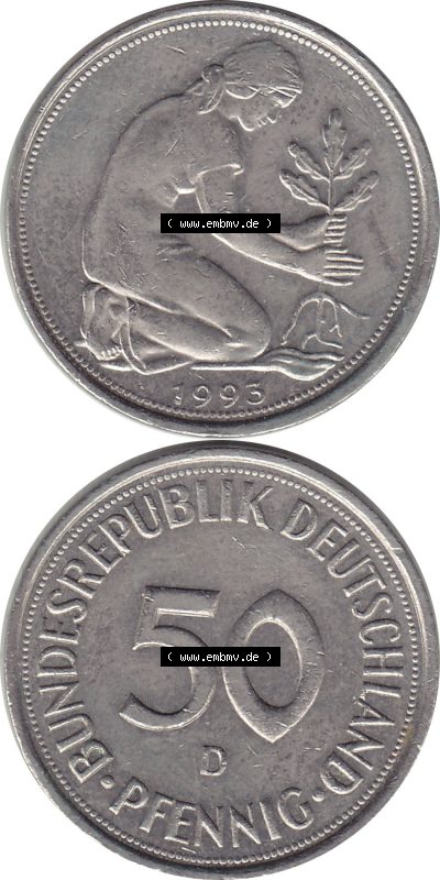 1950-2001, 50 Pfennig BRD Deutschland 1993 München mit Mzz. D Sammlung