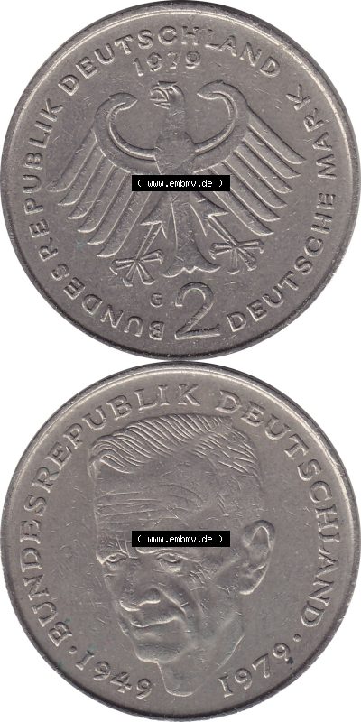 1979-1993, 2 DM, Deutsche Mark Kurt Schumacher Deutschland 1979 G Sammlung
