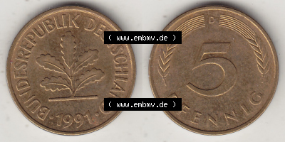 BRD Münzen 5 Pf., Umlaufmünze 1950-2001, 5 Pfennig, 1991 D-1. Vorderseite und Rückseite zusammen auf einen Bild / Foto für... Sammlung