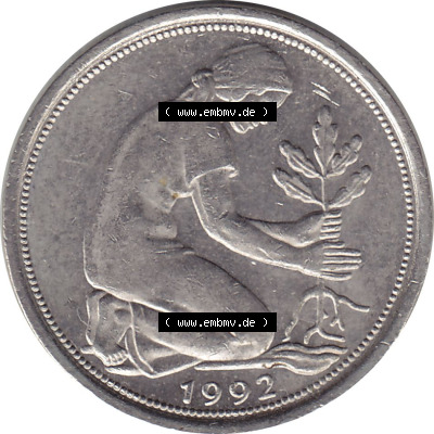 1950-2001, 50 Pfennig BRD Deutschland 1992 Stuttgart Mzz. F Sammlung