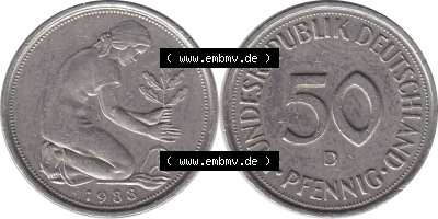 1950-2001, 50 Pfennig BRD Deutschland 1988 München mit Mzz. D Sammlung