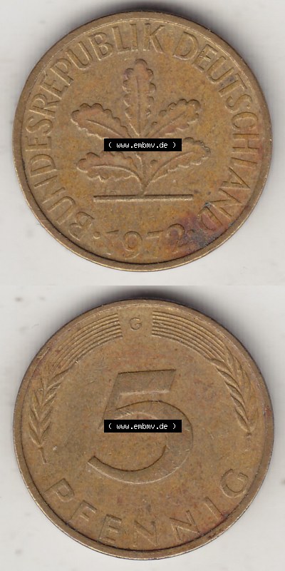 BRD Münzen 5 Pf., Umlaufmünze 1950-2001, 5 Pfennig, 1972 G-1. Vorderseite und Rückseite vertikal untereinander zusammen auf... Sammlung