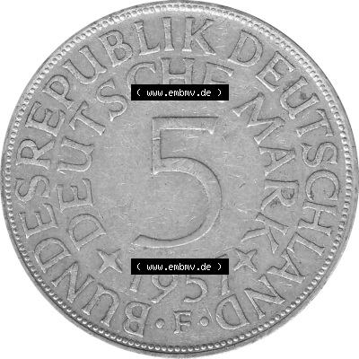 1951-1974, 5 DM aus Deutschland, 5 Deutsche Mark Silberadler, Heiermann 1957 Münzzeichen / Mzz. "F" für Stuttgart Sammlung