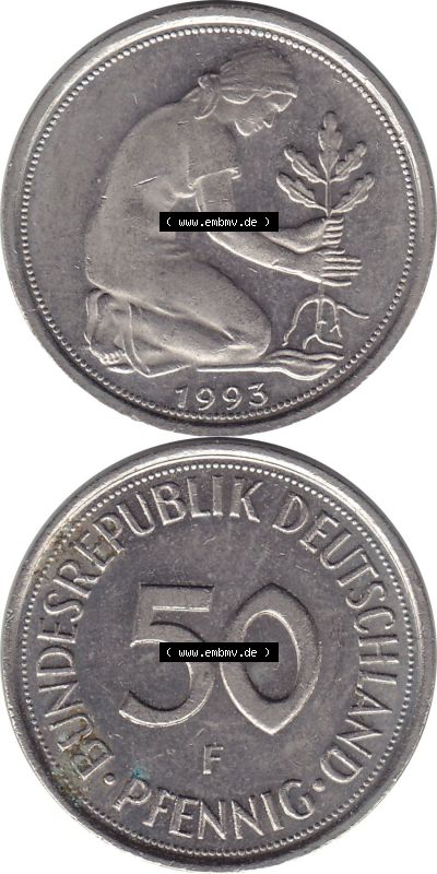 1950-2001, 50 Pfennig BRD Deutschland 1993 Stuttgart Mzz. F Sammlung