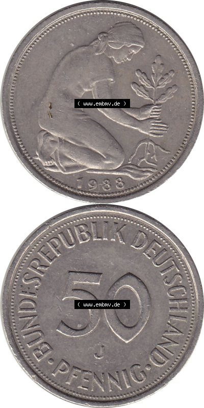 1950-2001, 50 Pfennig BRD Deutschland 1988 Mzz. Hamburg J Sammlung